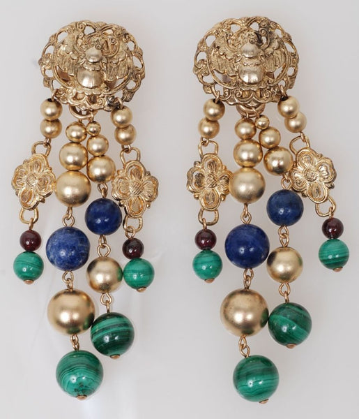 Stephen Dweck Dangle Earrings Sterling Malachite Lapis & Amethyst