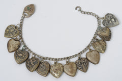 1940's Vintage Puffy Hearts Charm Bracelet