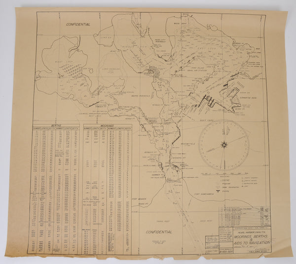 Original 1944 WWII PEARL HARBOR Chart "Moorings Berths & Aids to Navigation"