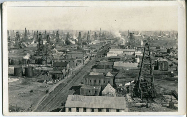 Aerial View of Newtown Texas Postcard/RPPC Oil Derricks/Boom Town